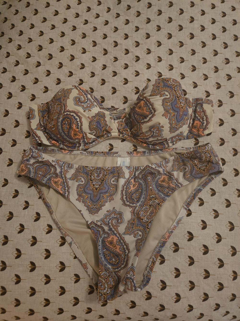 J. Crew Beige Paisley Print Two-Piece Bikini with Orange and Blue Accents